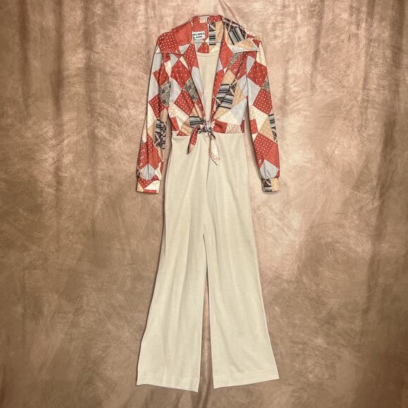 Vintage 70s Melissa Lane Patchwork Jumpsuit High Waist Tie Front Long Sleeve Mod - Picture 8 of 8